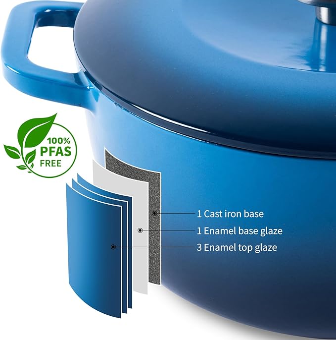 Enamel Cast Iron Dutch Oven with Lid,Dual Handles,Heavy-Duty Cookware for Sourdough Bread Baking,Braising,Stews,Roasting,Oven Safe up to 500° F,5QT,blue