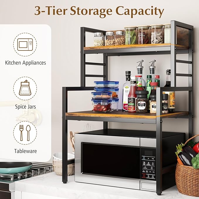 Giantex 3-Tier Microwave Stand, Space-Saving Microwave Oven Rack with 2 Open Shelves & Heavy-Duty Metal Frame, Industrial Countertop Organizer, Microwave Stand Countertop for Kitchen Coffee Bar