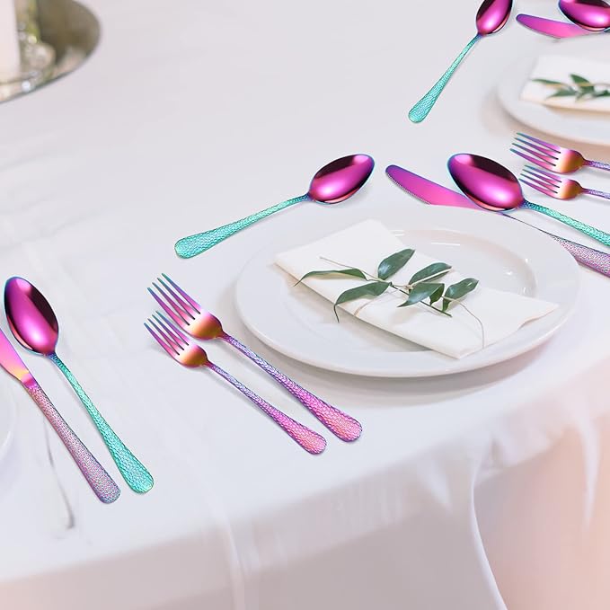 Hammered Silverware Set Rainbow Stainless Steel Flatware 40 pieces Dinning Utensils Service for 8 include Knife Fork Spoon Durable Easy to Clean