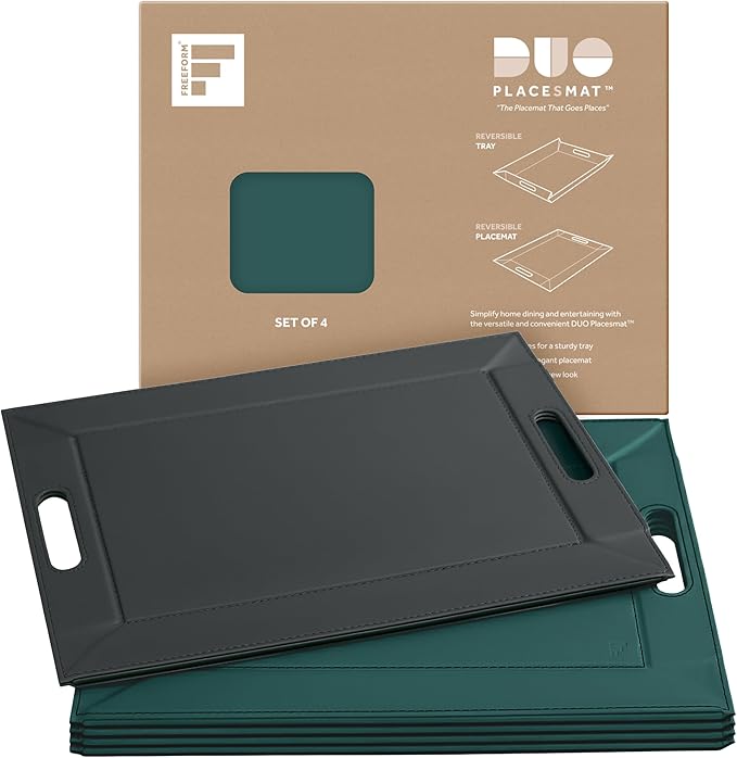 PLACEsMAT 2-in-1 Faux Leather Placemat & Serving Tray | Reversible Design, Lays Flat & Easy to Clean | Ottoman Food Tray, Housewarming Gift, 18” x 14” (Teal & Anthracite Grey, Set of 4)