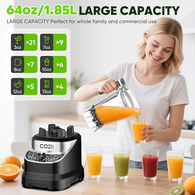 COZII Professional 2000W Blenders for Kitchen with 64oz Pitcher & 21oz To-go Cup, High Speed for Smoothies/Ice Crushing/Frozen Drink/Puree, 7 Preset Programs & 8 Speed Control (Black)