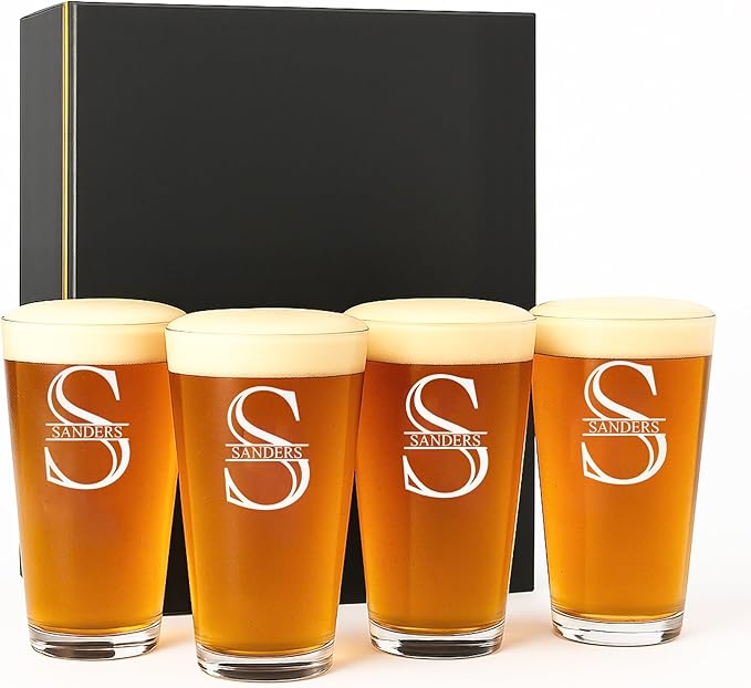 Personalized Glass Set of 4 - Custom Engraved Drinking Pint Glasses - Great Gifts for Men, Women, Family - For Valentine's, Anniversary, Housewarming, Christmas (Pint [x4])