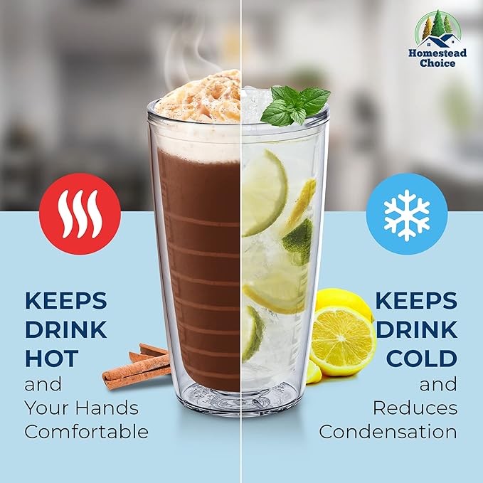 Homestead Choice 16oz Insulated Tumblers Plastic Keeps Drinks Cold & Hot, 4pack Double Walled Clear Insulated Drinking Glasses Cup, BPA-Free, Dishwasher Safe Reusable, Camping, Travel, Kitchen, Party
