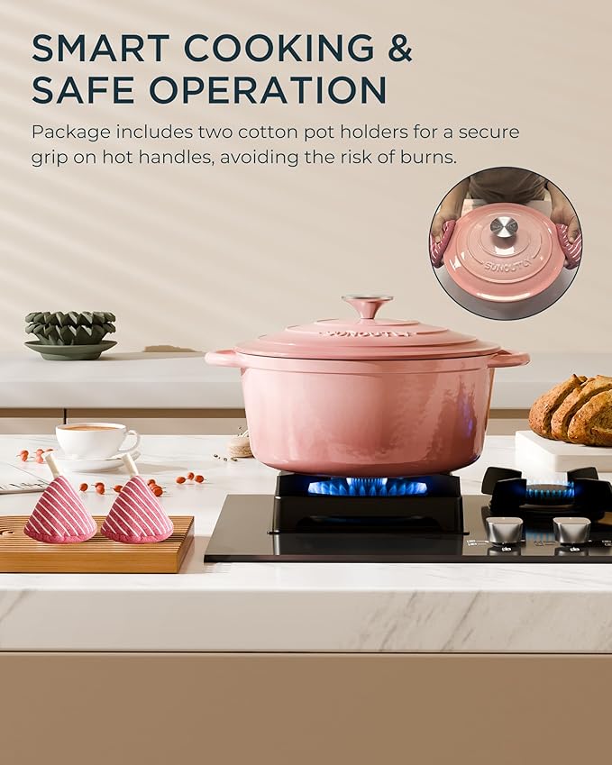 Enameled Cast Iron Dutch Oven - 6QT Dutch Oven Pot with Lid & Cotton Potholders - Heavy-Duty Non Stick Casserole Pot for Braising, Stews, Roasting, Baking, Suitable for All Stovetops, Gentle Pink