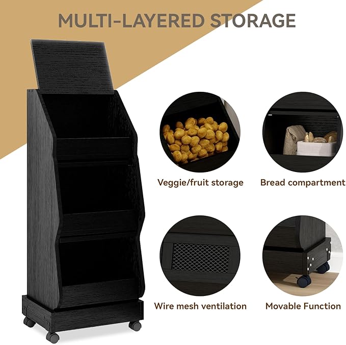 ARTETHYS Potato and Onion Storage Bin with Wheels Black Movable Bread Box with Lid Onion Organizer with Grocery Section Decorative Vegetable Organization Cabinet for Kitchen