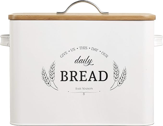 Baie Maison Extra Large White Farmhouse Bread Box for Kitchen Countertop - Breadbox Holder Fits 2+ Loaves - Bread Storage Container Bin - Rustic Bread Keeper Vintage Metal Kitchen Decor for Counter