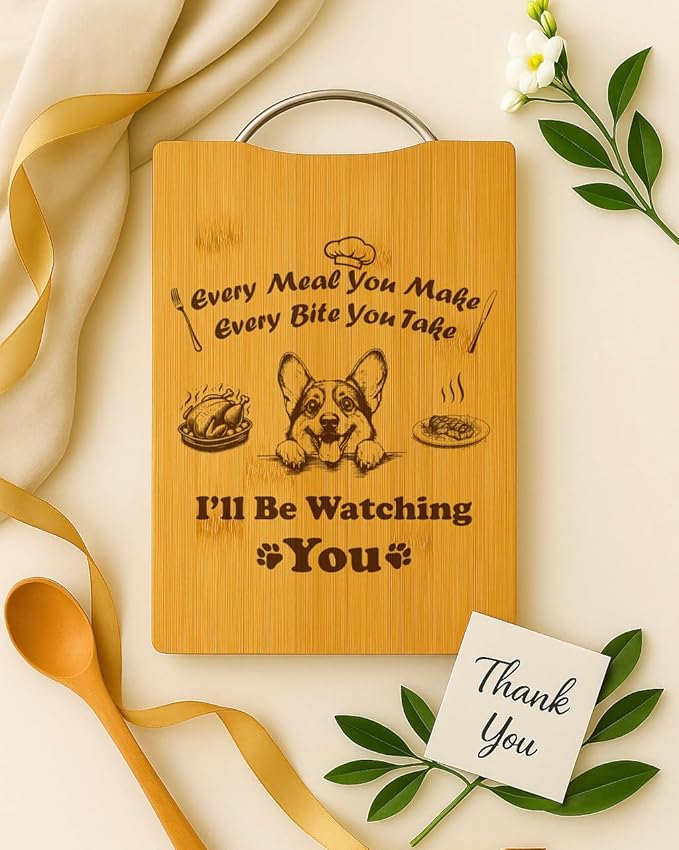 Personalized Engraved Bamboo Cutting Board, Holiday Funny Dog Gift for Pet Lovers, Handmade Kitchen Decor – I’ll Be Watching You (Corgi)