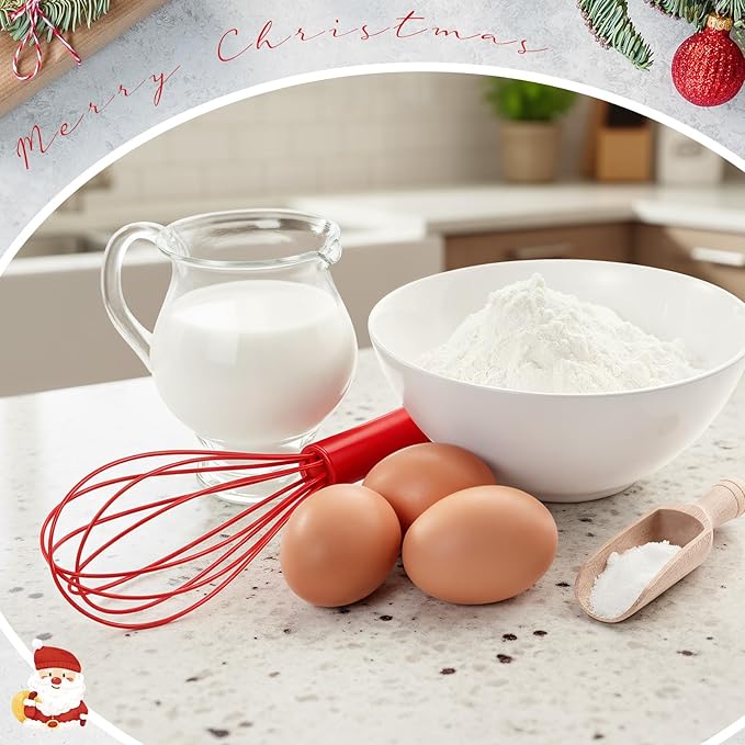 Domensi 12 Pcs 10 Inch Red Silicone Whisk Non Scratch Balloon Wire Whisk for Cooking Manual Egg Beater Milk Coffee Frother, Baking Gifts Cooking Supplies for Christmas Gift Party Stocking Stuffers
