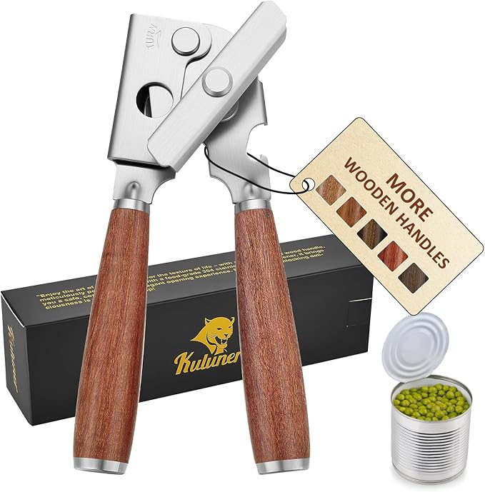 Upgraded Efficient Manual Can Opener - Selected Solid Wood Handle, Sharp and Smooth Blade Edge, Portable Design, Easy-Open Large Knob, Versatile for Various Bottle Caps（Rosewood）