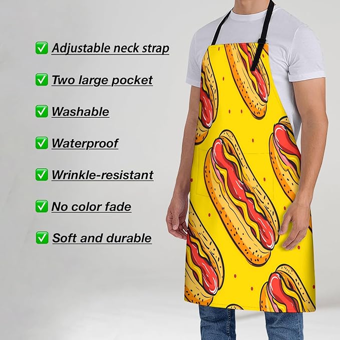 Vibrant Hot Dog Apron for Women, 28x33in, Kitchen Chef Aprons with 2 Pockets, Polyester, Fun Hot Dog Print Apron for Cooking BBQ Baking Gardening Chef, Gifts for Mom Wife Dad