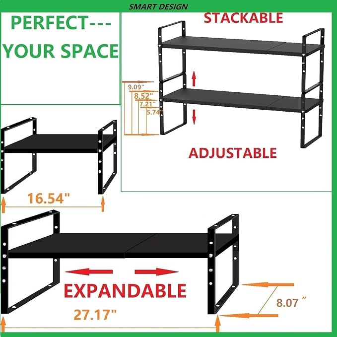 Expandable Stackable Spice Rack Cabinet Shelf Organizer in Cabinets Shelves Kitchen Cupboard Organization Stack up Racks Pantry Countertop Storage Medium/Black 2 Packs