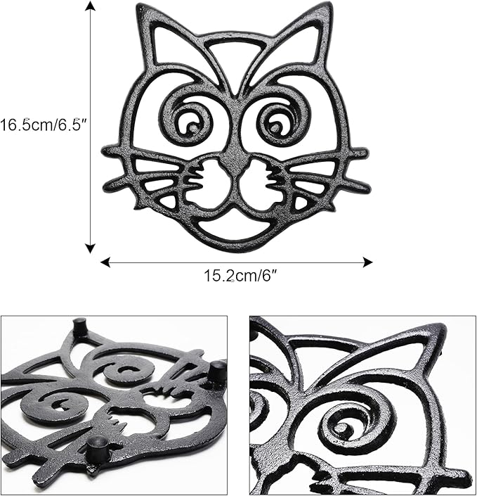 Sungmor Heavy Duty Cast Iron Trivet,Decorative Rustproof Trivet for Kitchen or Dinning Table,6.3" x 5.1" with Vintage Lovely Black Cat Pattern