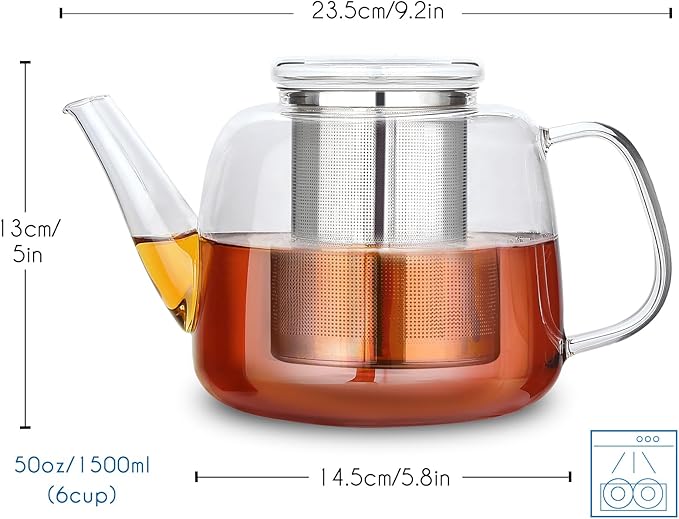 Easyworkz Borosilicate Glass Teapot 50oz with Large Stainless Steel Removable Loose Tea Infuser for Fruit Herbal and Infusion