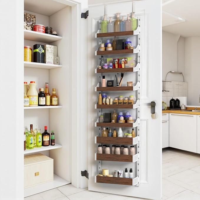 Over the Door Pantry Organizer: Pantry Organization and Storage with Hanging Basket - 9-Tier Metal Spice Rack Adjustable Shelves for Kitchen Bedroom Bathroom & Laundry Room White