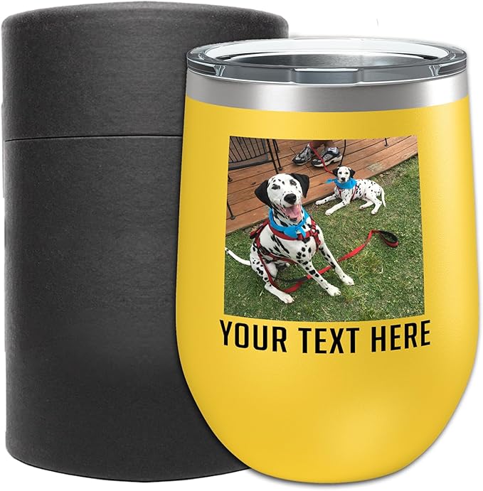 Personalized 12oz (17 Colors) Mother's Day Photo Picture Printed Insulated Stainless Steel Powder Coated Stemless Wine Tumbler with Lid, Customized Gift Idea for Her, Coach Gifts Team Mom Dad (Yellow)