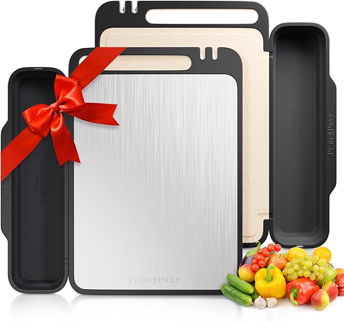 PURE-PREP Titanium Cutting Boards for Kitchen - Double Sided Cutting Board Pure Titanium/Wheat Straw PP with Collapsible Catch, Grater and Knife Sharpener - Metal Chopping Board Large 16” x 11”