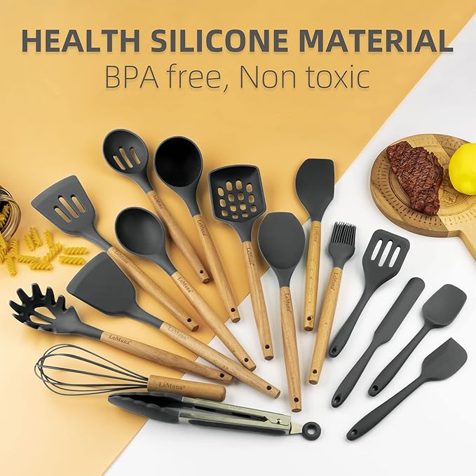 LeMuna Silicone Cooking Utensils Set, Kitchen Utensils for Cooking with Holder, Wooden Handle Silicone Utensils Spatula Set, Heat Resistant, BPA Free, Non Toxic Kitchen Gadgets, Gray