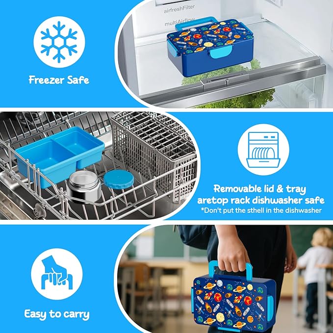 SHPMXUPW Kids Bento Lunch Box – 12 oz Stainless‑Steel Soup Thermo & 3‑Compartment Leak‑Proof Food Container with Built‑In Ice Pack, Insulated Food Jar for Boys & Girls, School & Travel
