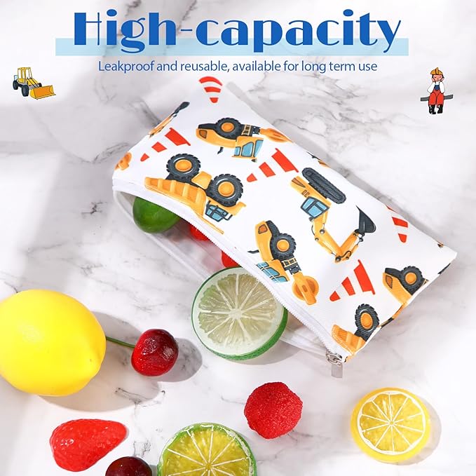 Chumia 6 Pcs Reusable Snack Bags Christmas Gifts Food Safety Washable Snack Bags Lunch with Zipper Portable Sandwich Bag Food Storage Pouch Double Layer(Truck,6.9 x 3.7 Inches)