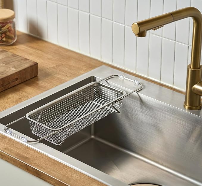 Extendable Dish Rack with Feet, Vegetable Colander Basket, Stainless Steel Dish or Silverware Drying Rack, Ultimate Kitchen Organizer Over The Sink (12.40 x 5.12 x 2.36 Inches)