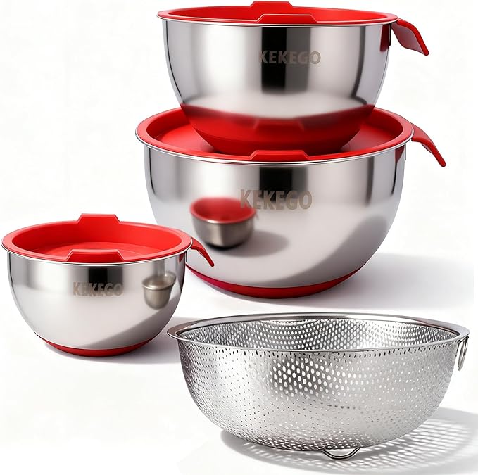 7-Pcs Stainless Steel Mixing Bowls Set with Handles, Nesting Metal Bowls with Lids & Strainer, Base for Baking, Cooking & Meal Prep (1.2/2.5/4.5 QT)