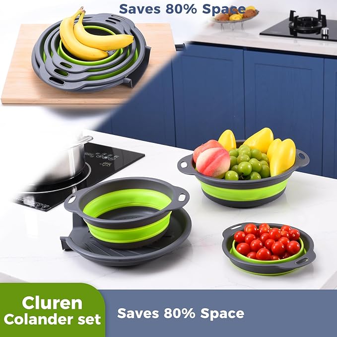 Collapsible Colander Set with Universal Draining Tray | 3-Pack Foldable Kitchen Strainers + Base | Space Saving for Pasta, Veggies, Fruit & Rice | 5 Colors (Gray-Green)