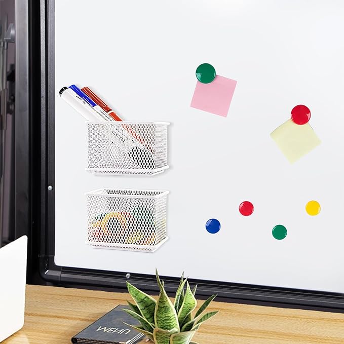 White Magnetic Basket, 2 Pack Wire Mesh Magnetic Refrigerate Organizer, Magnetic Pencil Holder for Whiteboard, Magnetic Shelf Desktop Storage, 3.42'' x 2.36'' x 2.55''