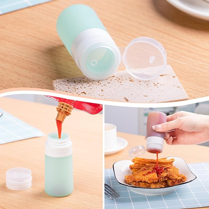 8-Pack Salad Dressing Container To Go, 2-oz Silicone Small Condiment Squeeze Bottles and 1.6 oz Stainless Steel Sauce Containers Cups, Leakproof Condiment Containers with Lids for Lunch Box