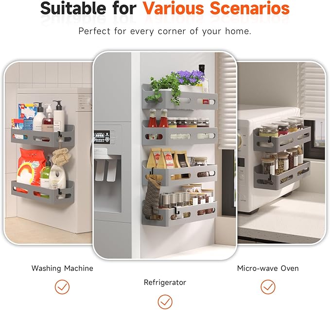 4 Pack Magnetic Spice Rack for Refrigerator, Spice Rack Organizer, Moveable Magnetic Shelf Fridge Organizer with 4 Hooks for Kitchen and Oven Organization, Grey
