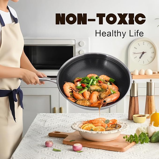 Hybrid Wok, 12 inch Wok with lid,Stainless Steel woks & Stir-fry pans Non Stick, PFOA Free Cookware, Dishwasher and Oven Safe, Compatible With Induction