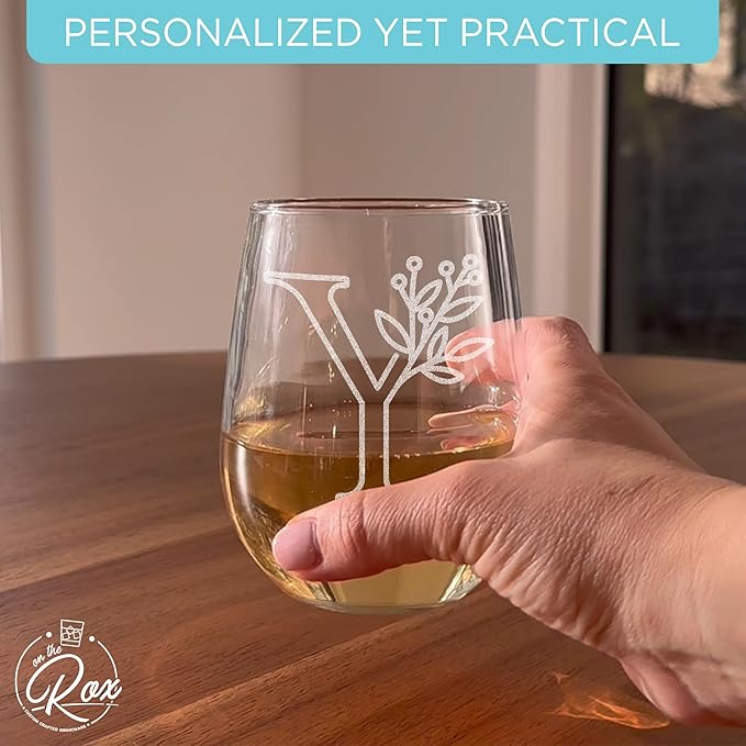 On The Rox Drinks Monogrammed Gifts For Women and Men - Letter A-Z Initial Engraved Monogram Stemless Wine Glass - 17 Oz Personalized Wine Gifts For Women and Men (Y)