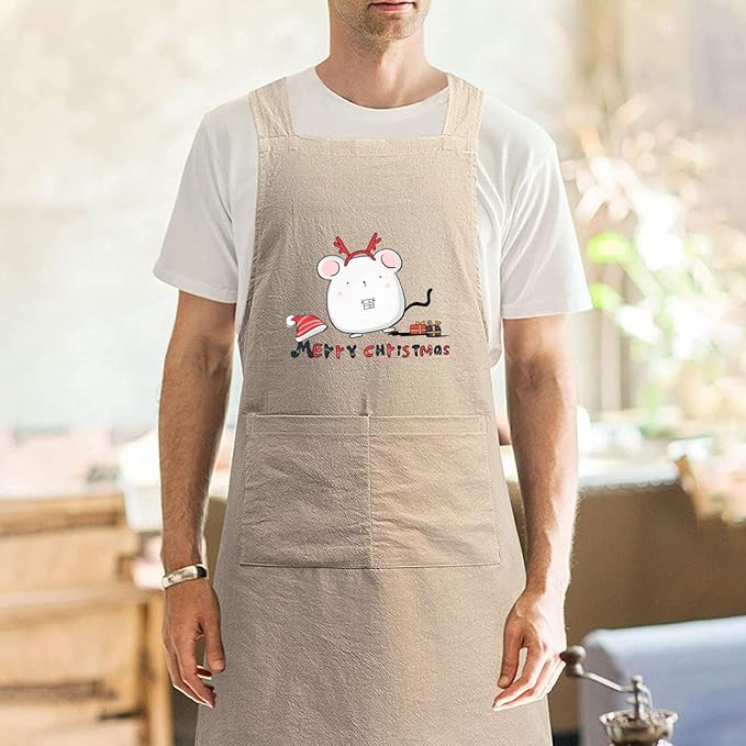 Cotton Linen Apron Non-tie Cross Back Kitchen Apron with Pockets Soft Comfortable Durable for Cooking Baking Gardening (Khaki)