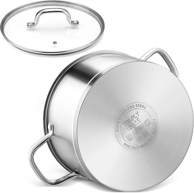 LIANYU 6 QT Stainless Steel Stock Pot, Kitchen Tri-ply Base Cooking Soup Pot with Glass Lid, Heavy Duty Non-toxic Cookware for Meal, Compatible with Induction Cooktop Electric Stove, Dishwasher Safe