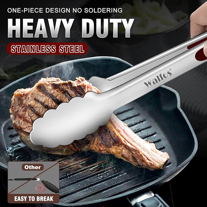 Walfos Stainless Steel Kitchen Tongs - 7, 9 & 12 Inch Heavy Duty Locking Metal Tongs for Cooking, BBQ Grilling, Set of 3 Non-Slip Grip (Wine Red)