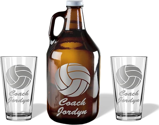 Alterd Industries Volleyball Coach Gift - Personalized Engraved Pint Glass, Beer Glass, End of Season, Coach Accessories, Coaching Gifts, Supplies (Volleyball, Growler Gift Box)