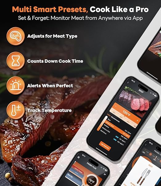 Beelicious Pro Wireless Meat Thermometer – Stable Bluetooth Smart Probe with ±1.8℉ Accuracy, 0.5s Fast Response & Long-Lasting Battery, IP67 Waterproof, App Controlled for Grill, Oven, Air Fryer