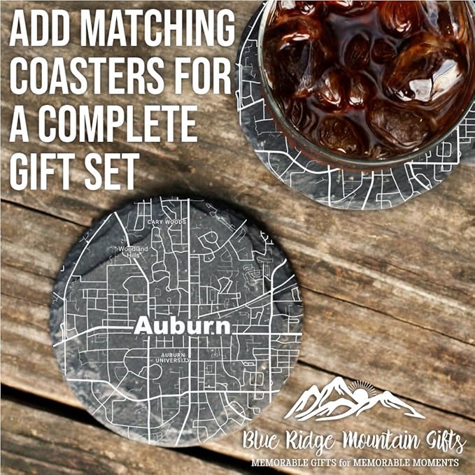 Blue Ridge Mountain Gifts - Auburn Souvenir - Alabama Glassware Gift, Etched City Map, Laser Engraved and Dishwasher Safe