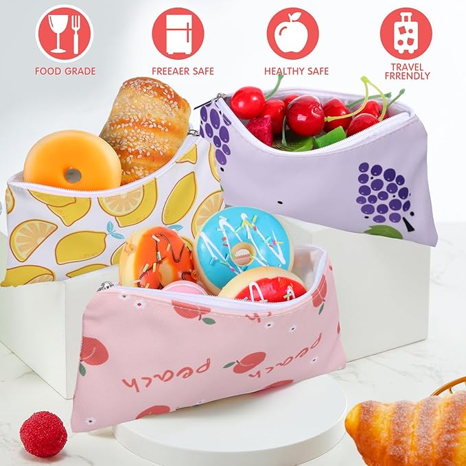 Chumia 6 Pcs Reusable Snack Bags Christmas Gifts Food Safety Washable Snack Bags Lunch with Zipper Portable Sandwich Bag Food Storage Pouch Double Layer(Fruit,6.9 x 3.7 Inches)