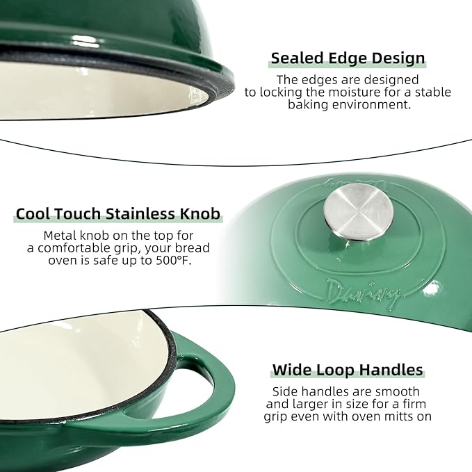 Davivy Cast Iron Oval Bread Pan with Lid 6QT, Dutch Oven for Sourdough Bread, Non-stick Cast Iron Sourdough Baking Pan with Silicone Oven Mitts - Foreset Green