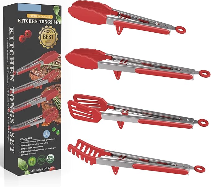 4in1 Stainless Steel Kitchen Food Tongs Set for Cooking with Silicone Tips, Toaster Steak Pie Pizza Pasta Spaghetti Noodles Salad Fruit Vegetable Grill BBQ Buffet Clamp Serving Tools Gadgets