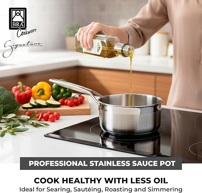 BRA COOKWARE Signature Stainless Steel Sauce Pot w/Glass Lid | 6.3 Inch 1.2 Quart Professional Grade Saucepan | PFOA Free Warming Pot | All Cooktops | All Cooktops (incl. Induction) & Oven Safe