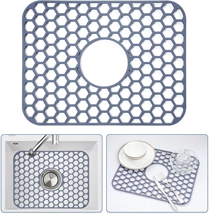 Silicone Sink Protectors for Kitchen Sink with Center Drain - 16.2"x12.5" Kitchen Sink Mats Accessory, Non-Slip Heat Resistant Sink Mat for Bottom of Farmhouse Porcelain Stainless Steel Sink