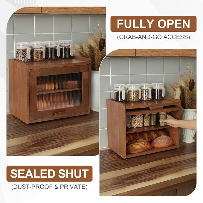 Bread Box for Kitchen Countertop Container Bin 2 Layer Wooden Bread Storage Adjustable Shelf Holder Large Capacity Modern Farmhouse Food Organizer Acrylic Window (Brown)