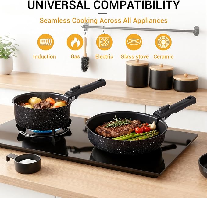Ammeloo 21 Pcs Pots and Pans Set Non Stick with Detachable Handle & Grill Pan, Induction Ceramic Cookware Set, Non Toxic Kitchen Pots and Pans Set for RVs,Camping, Oven/Dishwasher Safe, Black