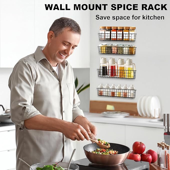 Spice Rack Organizer Wall Mount, 2 Pack Black Seasoning Rack Wire Storage Baskets for Wall or Cabinet Door in Kitchen and RV