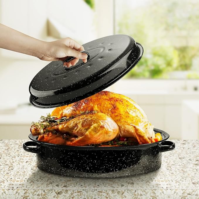 16Inch Roasting Pan, Enamel on Steel, Black Covered Oval Roaster Pan with Lid, Medium Cookware for Turkey, Small Chicken, Roast Baking Pan.