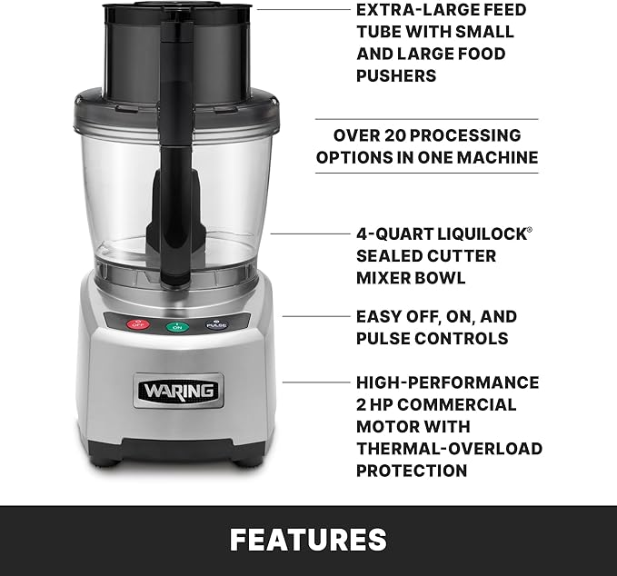 Waring Commercial WFP16S 4 Quart Food Processor, 2 HP Motor, Extra Large Feed Tube, Patented LiquiLock Seal Bowl System, Includes Shredding, Slicing, Whipping Disc and a Standard S blade for Chopping, Pureeing, and Emulsyfying, 120V 5-15 Phase Plug