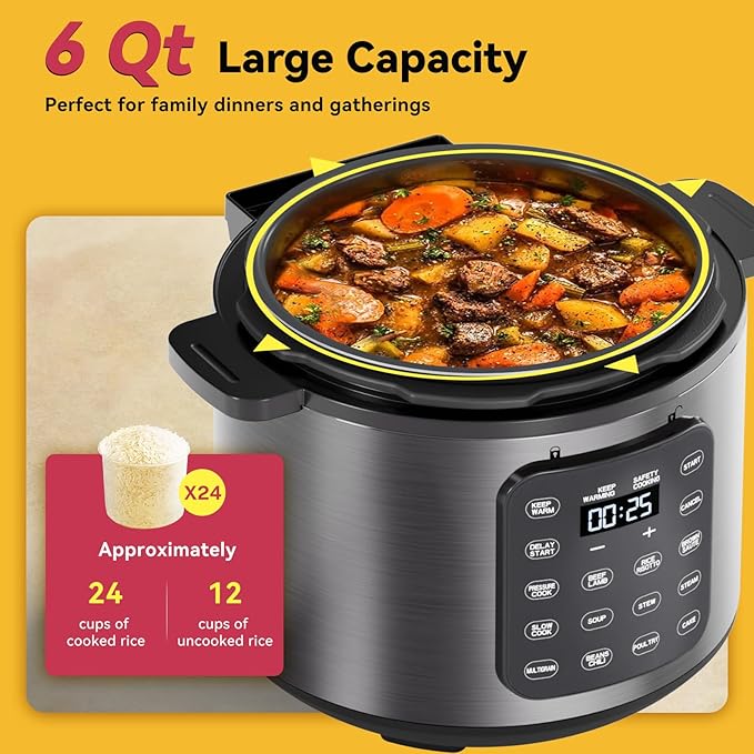 Electric Pressure Cooker 6 Quart Silver, Non-stick Pot, 9-in-1 Instant Pot, 12 Preset Functions with Touchscreen, Safe Steam Release, Stew, Slow Cook, Rice, Sauté, Warmer