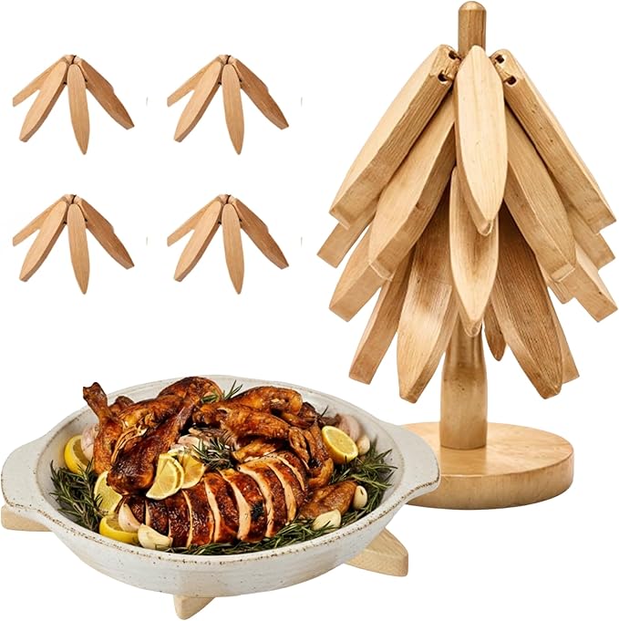 Wooden trivets for hot Dishes – 4 Tree-Shaped Coasters & 1 Stand for Hot Pots, Dishes | Heat-Resistant, Space-Saving Pot Rest & Cozy Kitchen Decor, Tree Trivets for Counter + Special Bonus (Beech)
