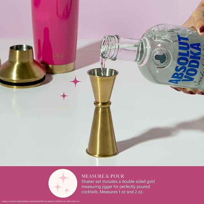 Paris Hilton 2-Piece Cocktail Shaker Set, Double Wall Insulated Stainless Steel Mixer with Built-In Strainer and Double-Sided Jigger, 20-Ounce, Gold and Hot Pink